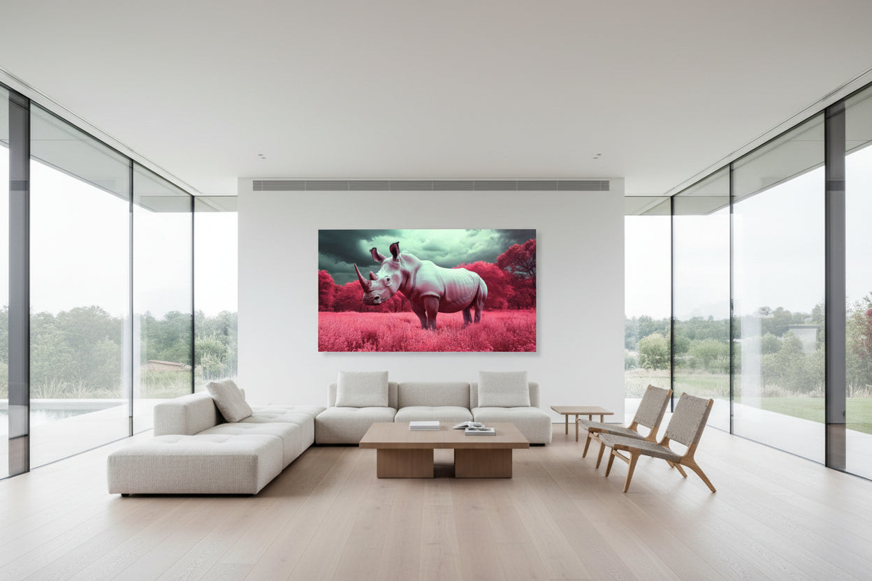 Large horizontal rhino artwork centered on expansive white wall in modern villa with high ceilings and floor-to-ceiling windows.