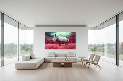 Large horizontal rhino artwork centered on expansive white wall in modern villa with high ceilings and floor-to-ceiling windows.