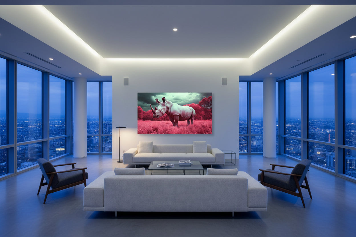 Oversized rhino wall art centered on wide open wall in penthouse living space with double-height ceilings and panoramic glass windows.
