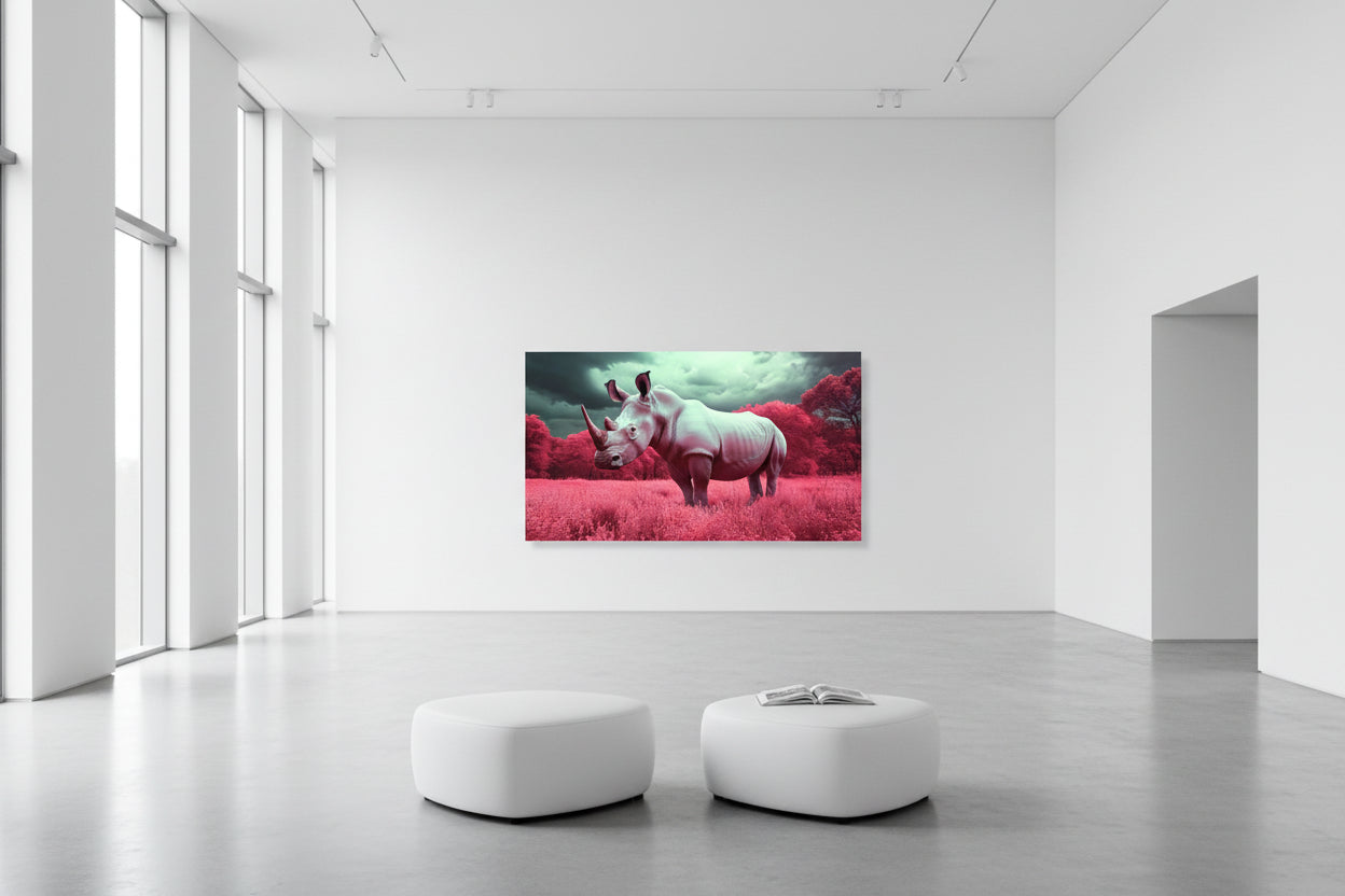 Large horizontal wildlife artwork spanning expansive white gallery wall with high ceilings and polished concrete floors.