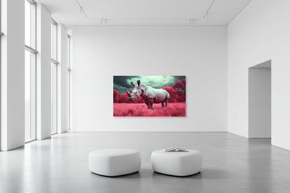 Large horizontal wildlife artwork spanning expansive white gallery wall with high ceilings and polished concrete floors.