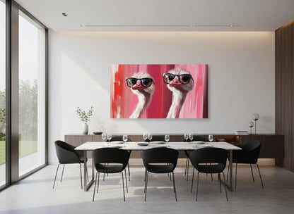 Modern interior with a dining table and chairs, featuring a large abstract fine art painting of ostriches wearing sunglasses on the wall.