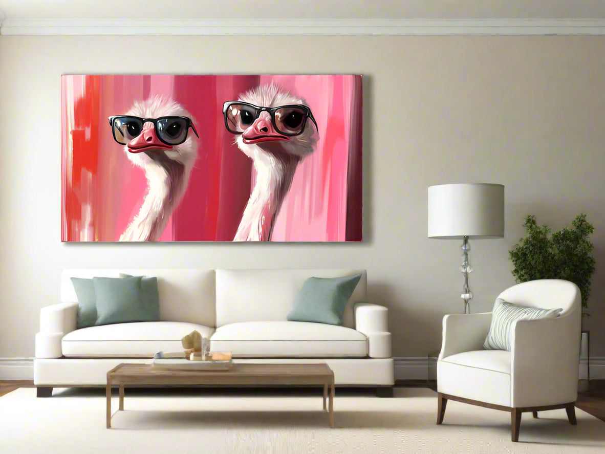 Classic livingroom with a sofa and chair, featuring a large abstract fine art print of ostriches wearing sunglasses on the wall.