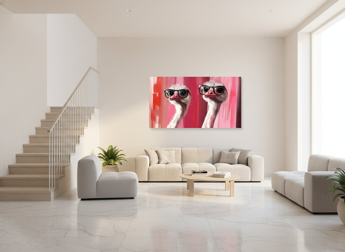Modern living room with a painting of ostriches wearing sunglasses on the wall.