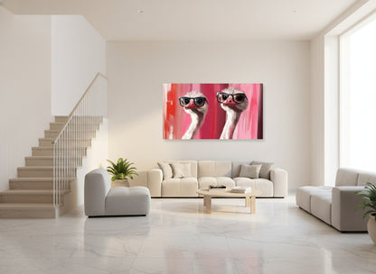 Modern living room with a painting of ostriches wearing sunglasses on the wall.