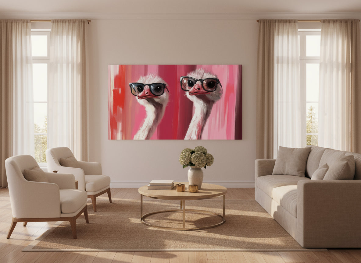 Living room with a painting of ostriches wearing sunglasses on the wall.