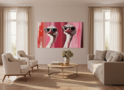 Living room with a painting of ostriches wearing sunglasses on the wall.
