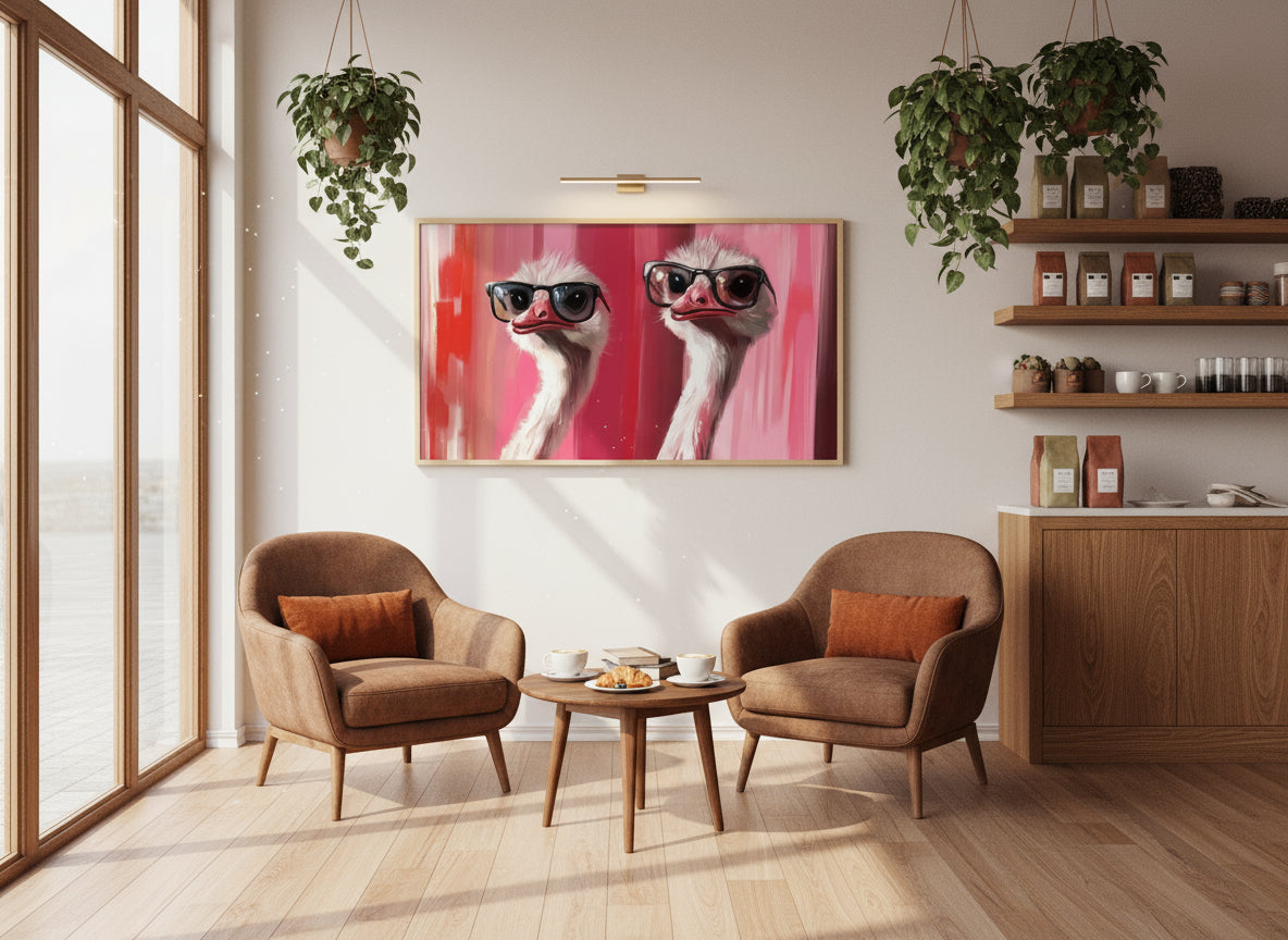 Modern cafe, with two brown armchairs, a coffee table, and a painting of ostriches wearing sunglasses on the wall.