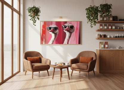 Modern cafe, with two brown armchairs, a coffee table, and a painting of ostriches wearing sunglasses on the wall.