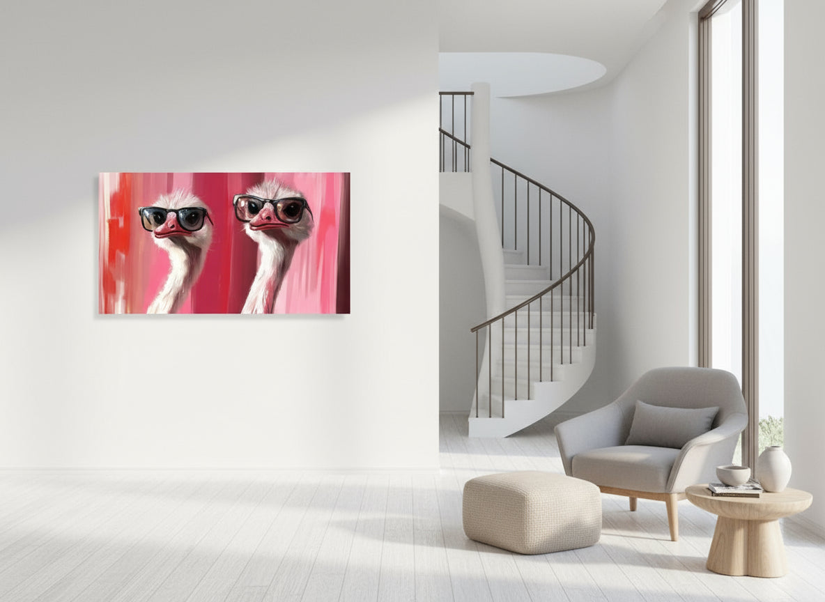 Modern interior with a chair a coffee table and a spiral staircase, featuring an abstract fine art print of ostriches wearing sunglasses on the wall.