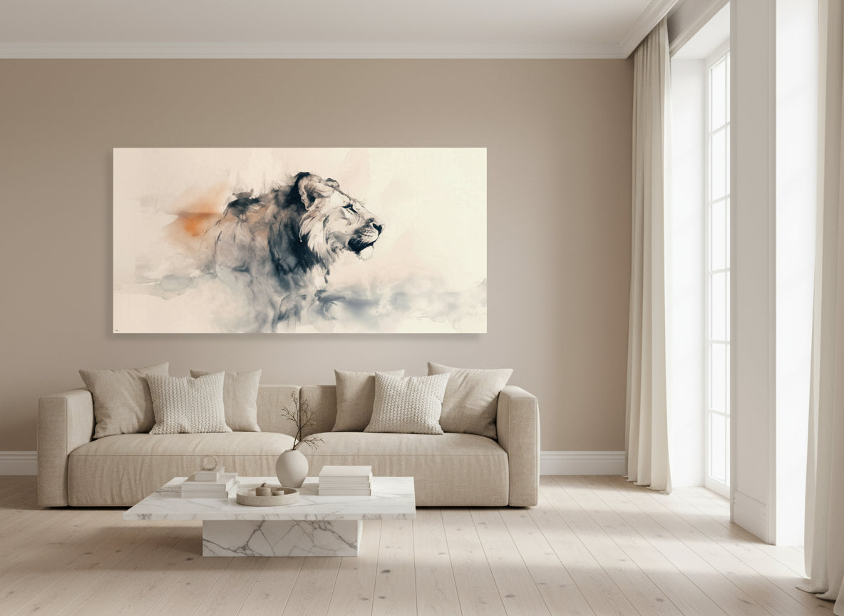 Living room with a large sofa, coffee table, and a painting of a lion on the wall.