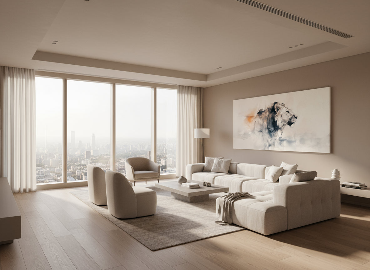 Modern living room with white furniture and large windows.