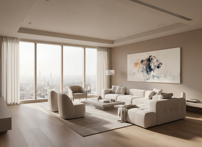 Modern living room with white furniture and large windows.