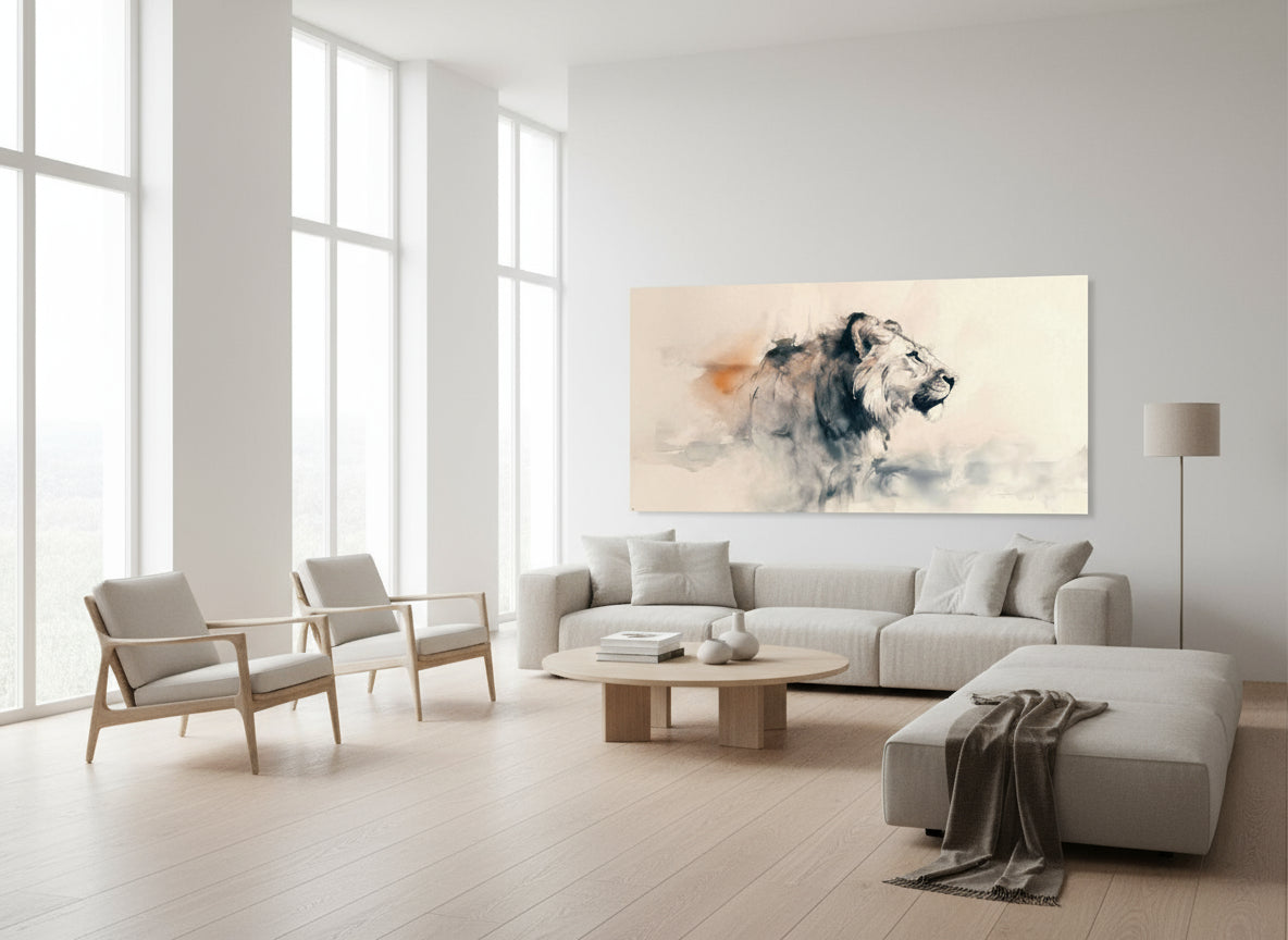 Modern living room with a large abstract painting of a lion on the wall.