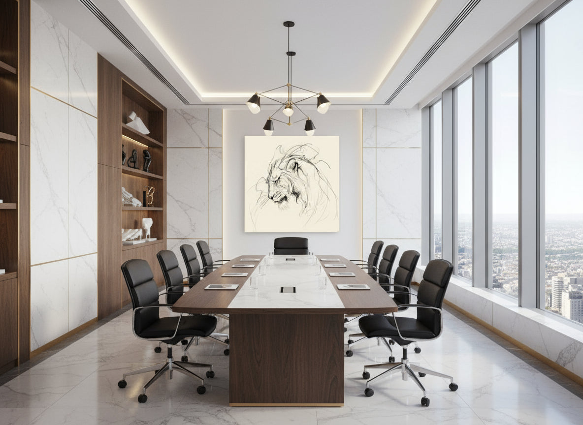 Modern conference room with a large table and chairs, featuring a wall art of a lion's head.