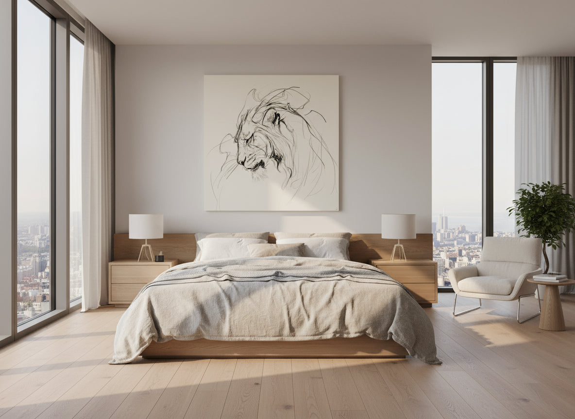Modern bedroom with large windows, bed, and abstract artwork on the wall.