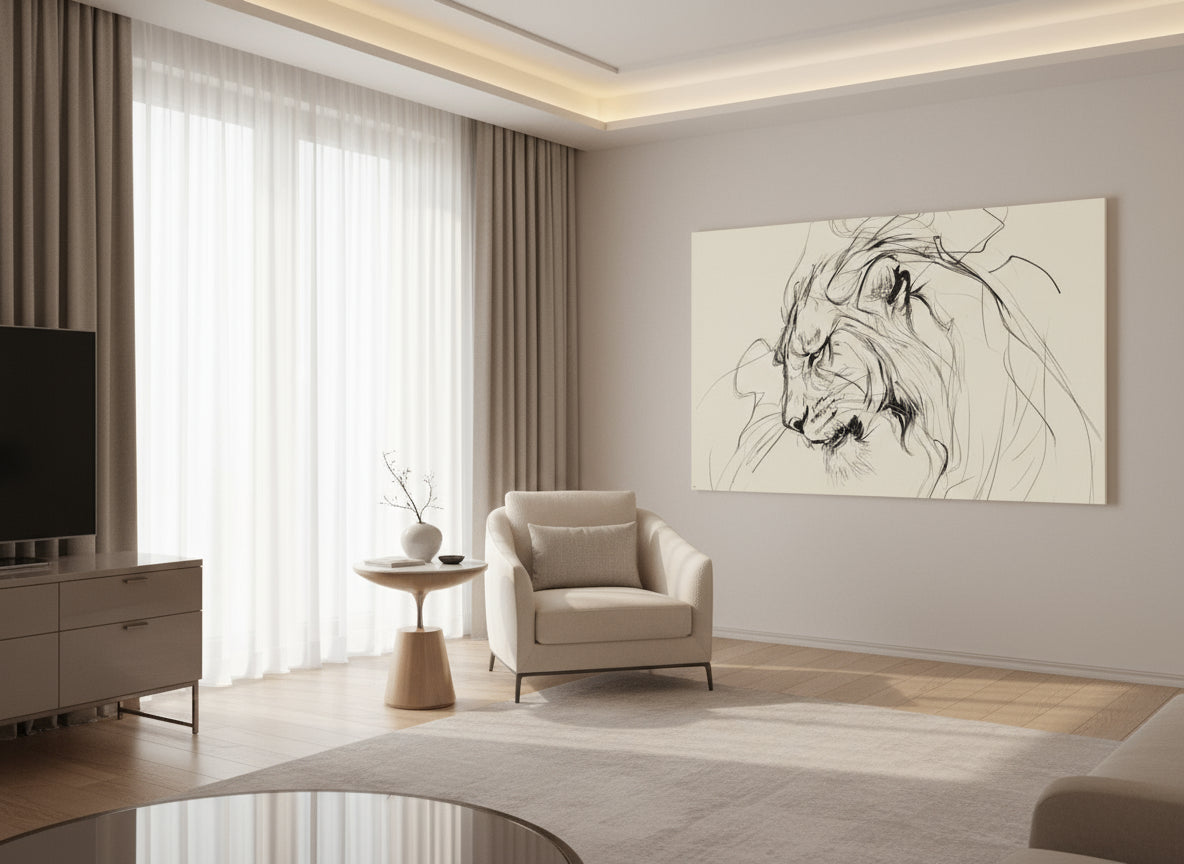 Modern living room with a large abstract lion painting on the wall, a beige armchair, and a television.