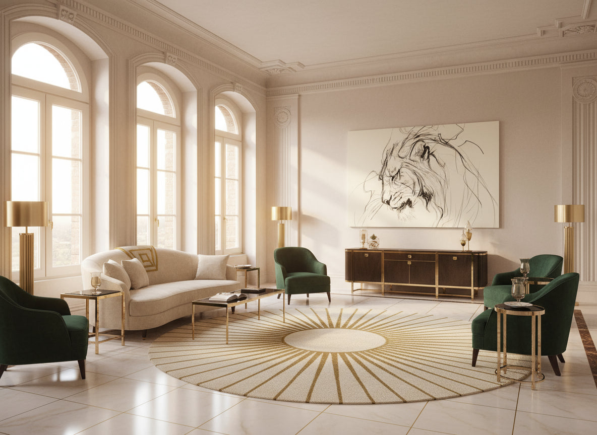 Luxurious living room with elegant furniture and decor, statement lion art work on the wall