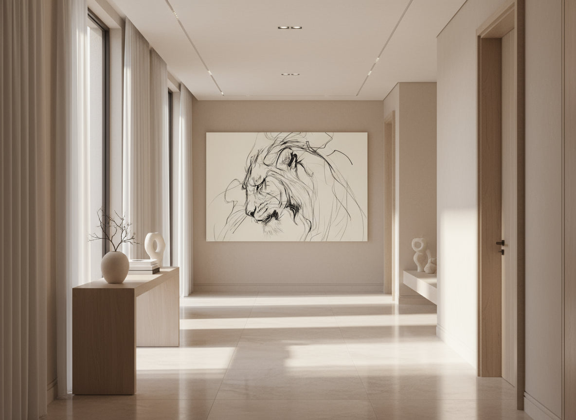 Modern interior hallway with abstract lion artwork on the wall