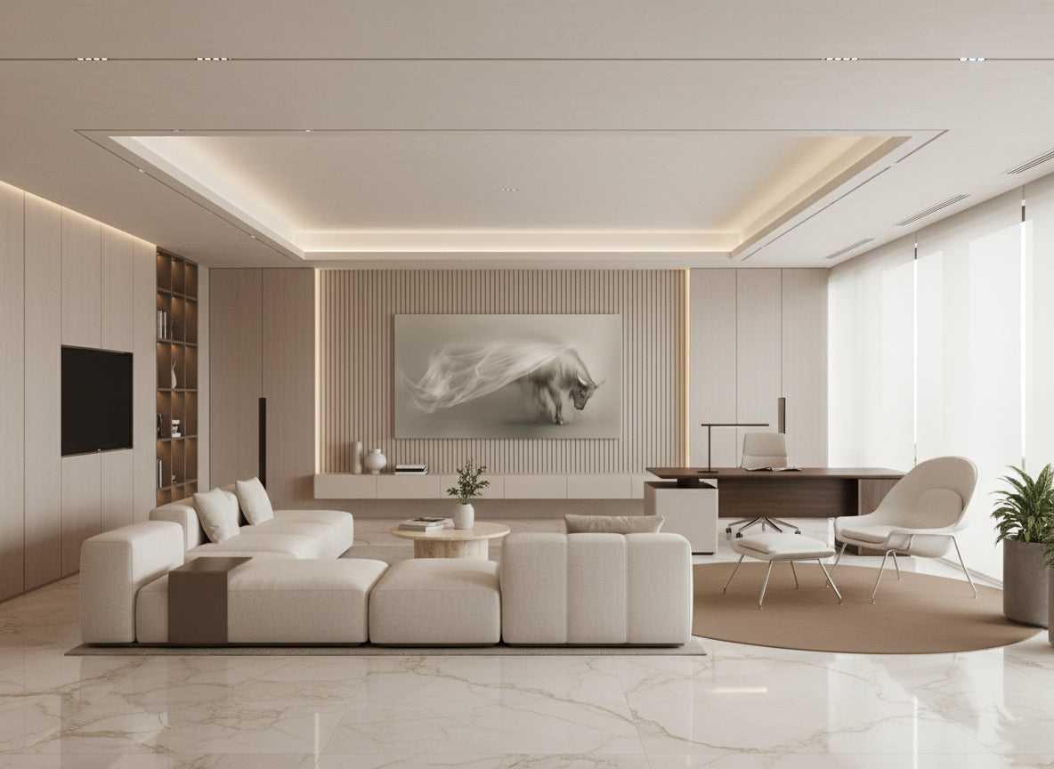 Finding The Strength To Move Forward |  elegant statement fine art Ox Wall Art  hanging as a focal piece on an open wall in a modern neutral toned living room| Limited Edition | Wild Essence