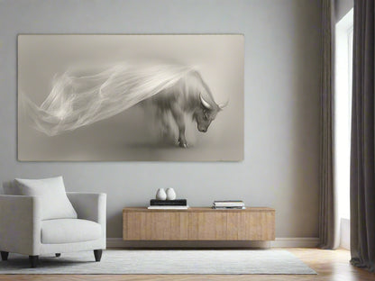 Finding The Strength To Move Forward |  elegant statement fine art Ox Wall Art  hanging as a focal piece on an open wall in a modern neutral toned living room| Limited Edition | Wild Essence