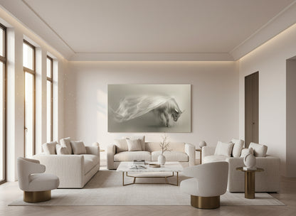 Modern living room with white furniture and a large fine art abstract ox artwork  on the wall