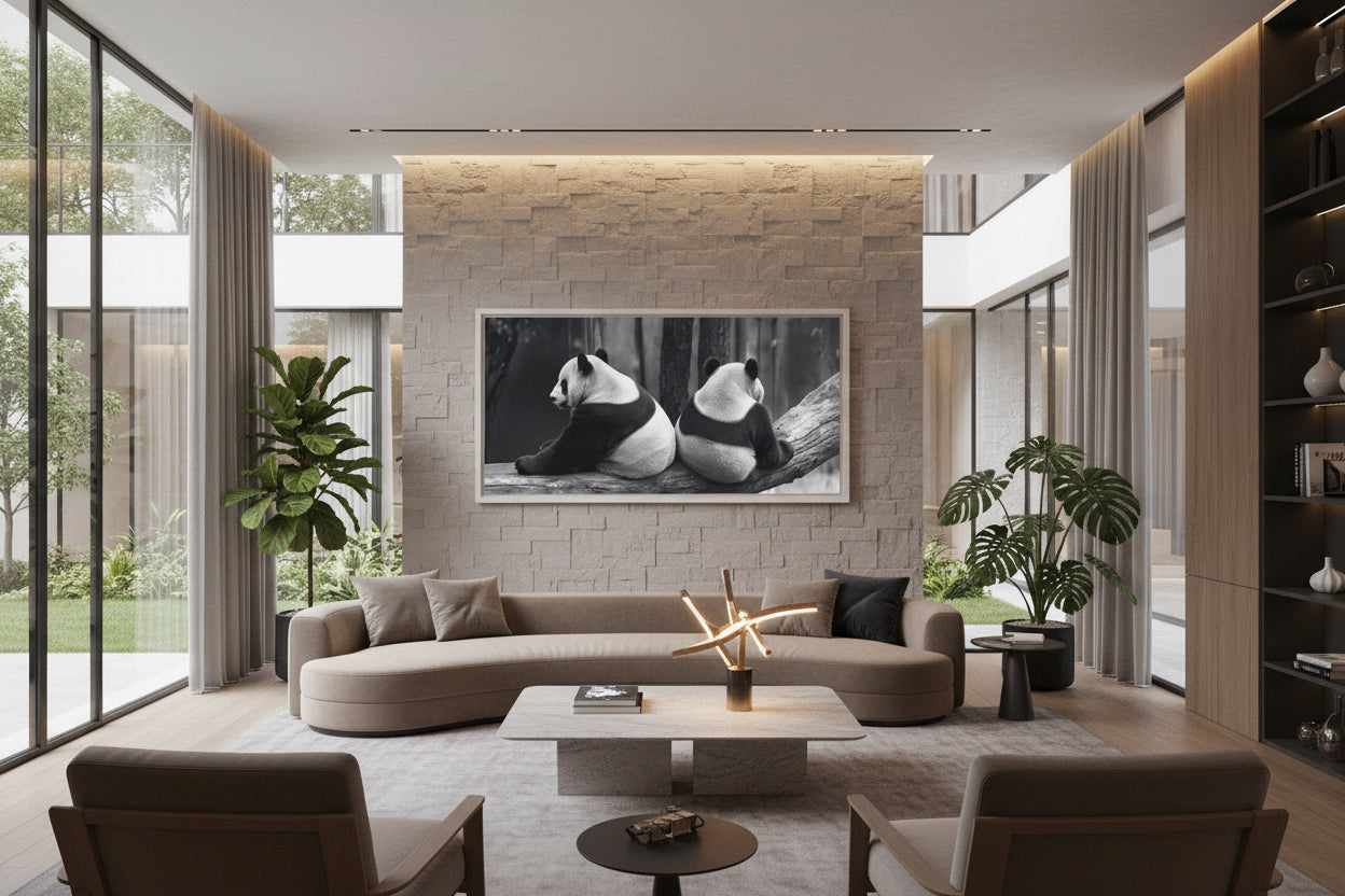 Large horizontal panda artwork displayed above curved designer sofa in contemporary lounge interior.