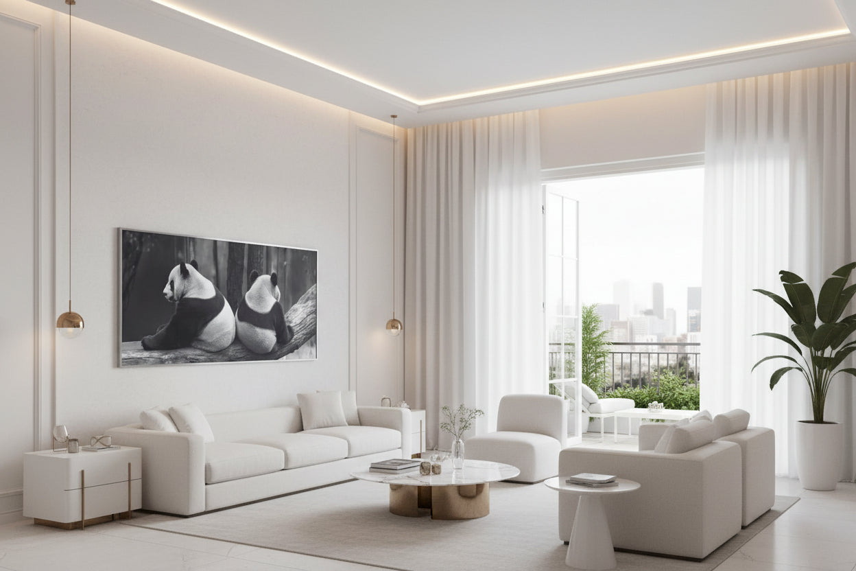 Large panda artwork mounted above low profile seating area in luxury hotel suite with soft lighting, sheer curtains, balcony with a city view