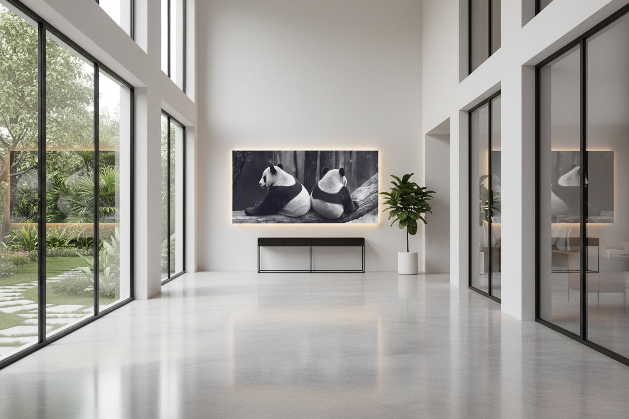 Large panda wall art installed along minimalist hallway wall with tall windows and console table.