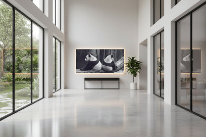 Large panda wall art installed along minimalist hallway wall with tall windows and console table.