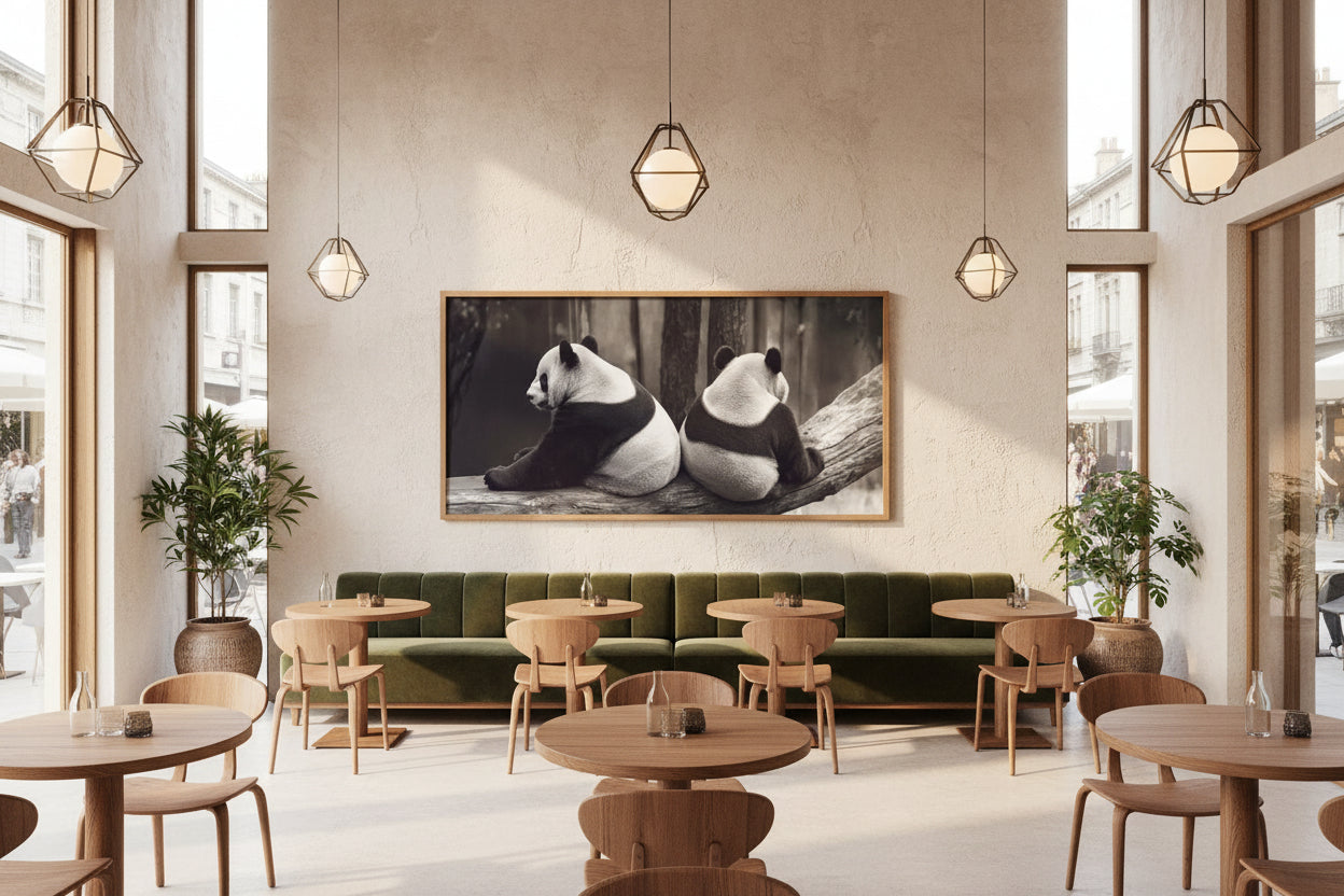 Large panda artwork with slim oak frame displayed above banquette seating in contemporary café interior.