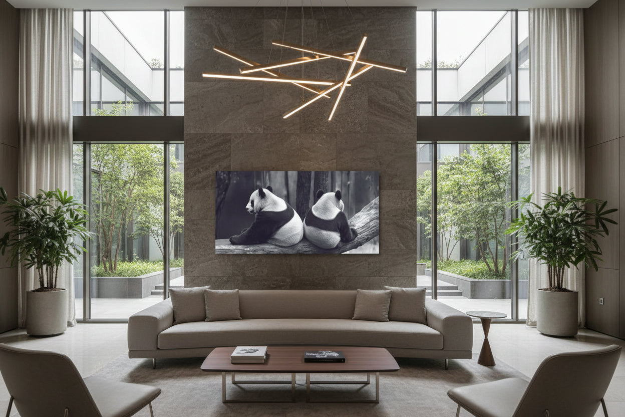 Large horizontal panda artwork displayed above low profile designer sofa in contemporary lounge interior.