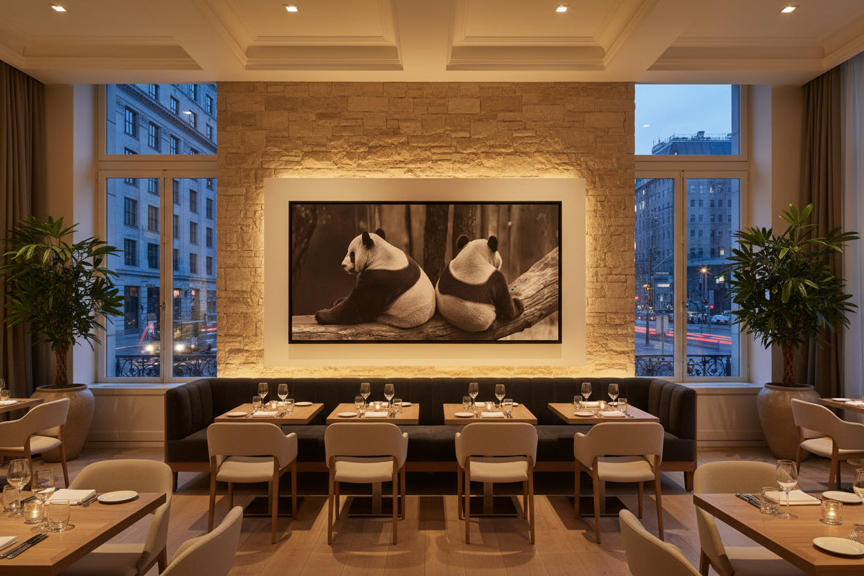 Large horizontal panda artwork with slim black frame mounted along dining wall in modern restaurant interior.