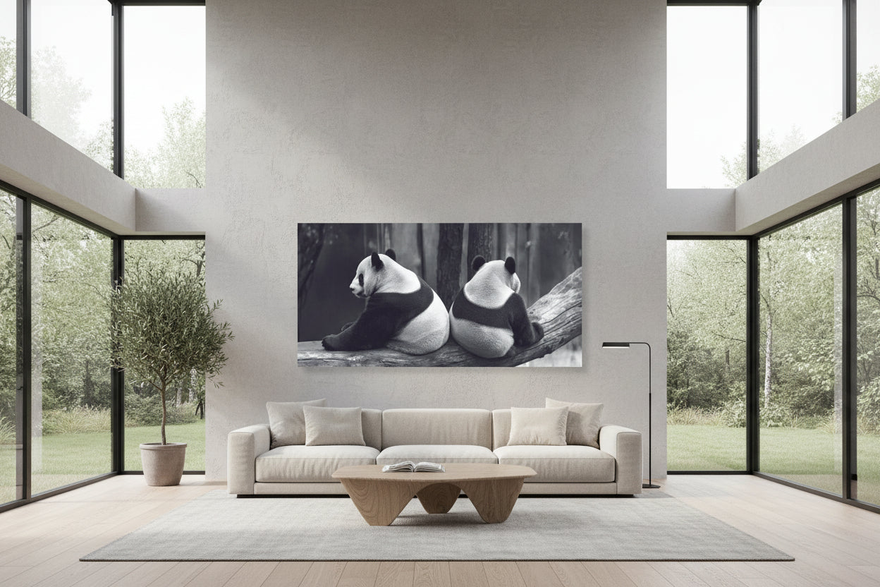 Large panda artwork centered on clean feature wall in gallery-style apartment with floor-to-ceiling windows.