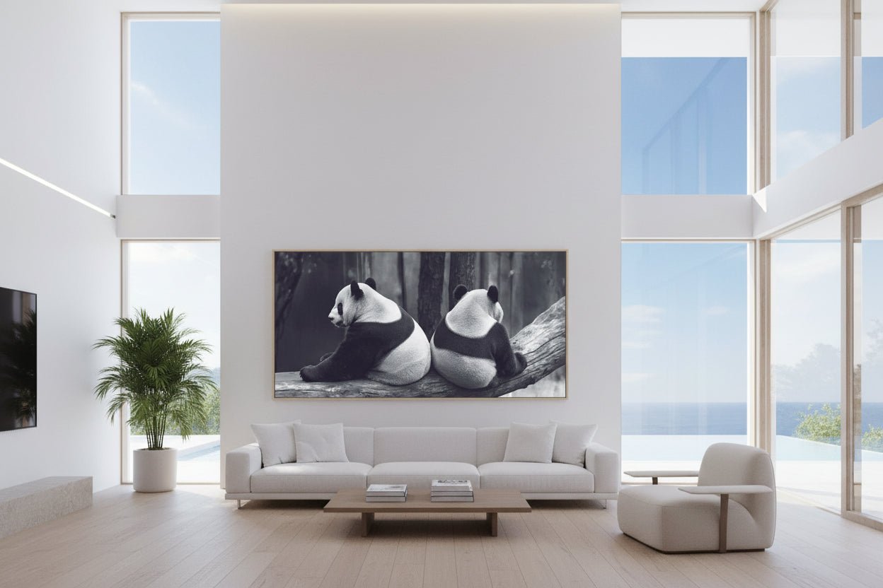 Large panda artwork centered on clean feature wall in gallery-style villa with floor-to-ceiling windows.
