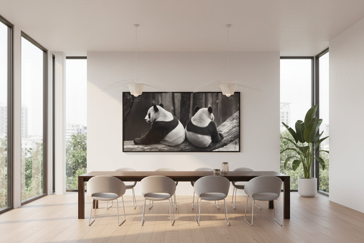 Large horizontal panda wall art displayed above dining table in modern villa with large windows and indoor plant.
