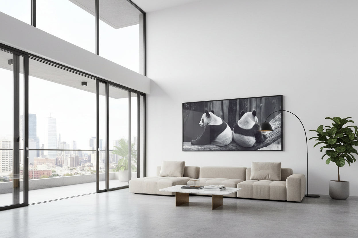Large panda artwork centered on clean feature wall in gallery-style apartment with floor-to-ceiling windows.