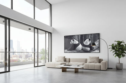 Large panda artwork centered on clean feature wall in gallery-style apartment with floor-to-ceiling windows.