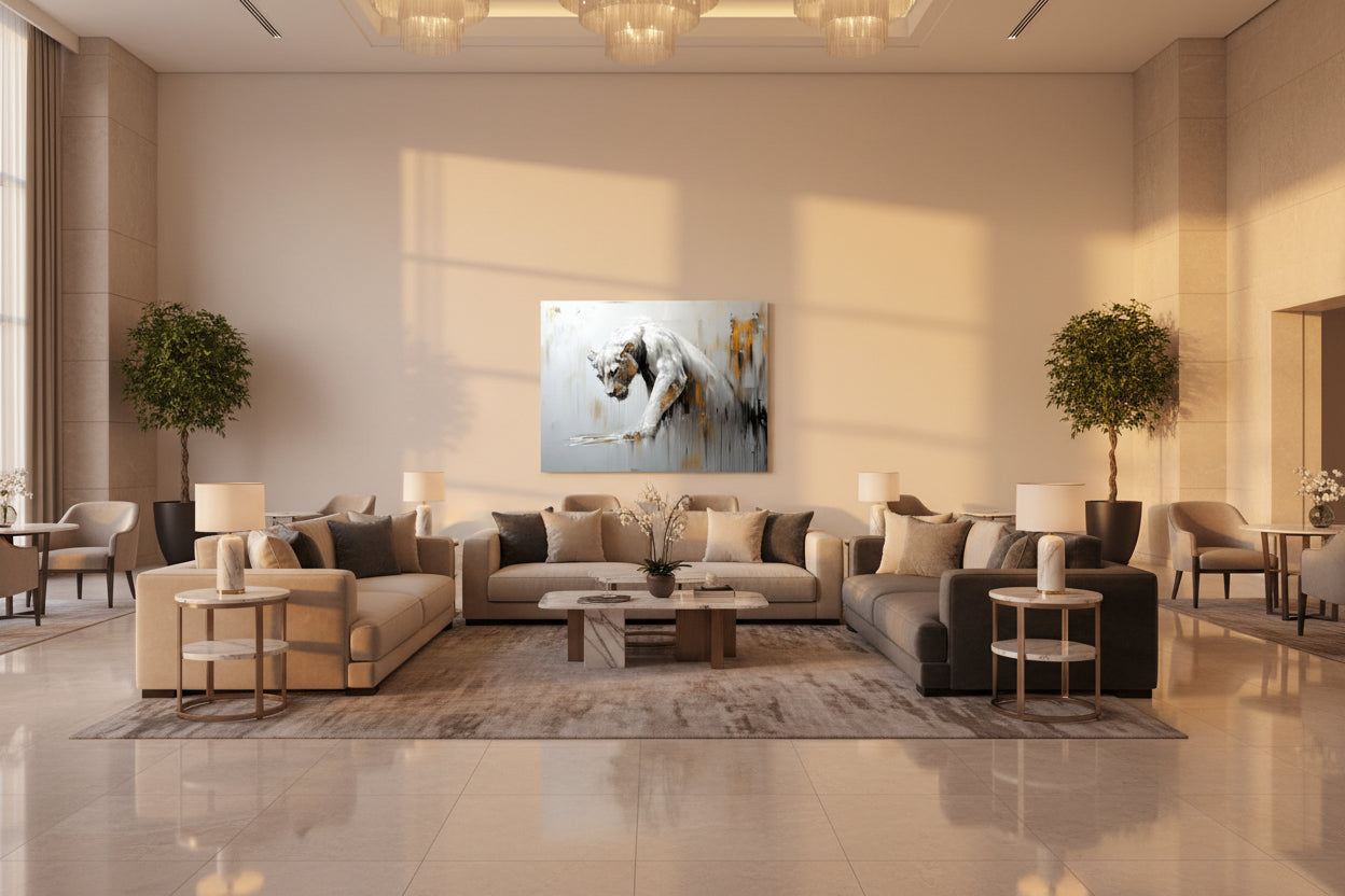 Upscale hotel lounge area with beige walls, furniture, and decorative elements.
