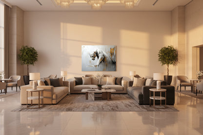 Upscale hotel lounge area with beige walls, furniture, and decorative elements.