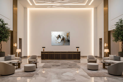 Statement artwork featured in a luxury hotel lobby with high ceilings and refined architectural design