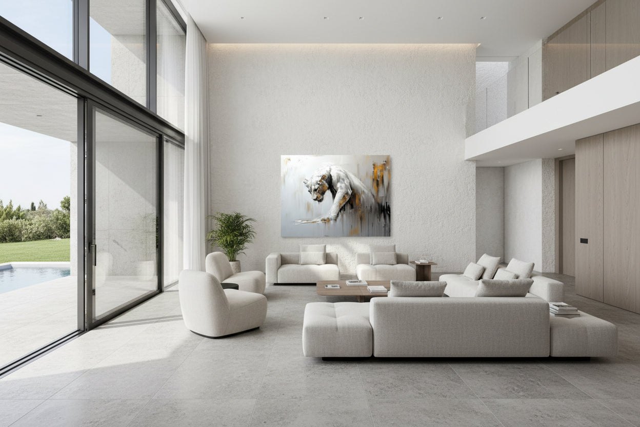 Statement wall art displayed in a modern villa living space with open-plan architecture and high ceilings