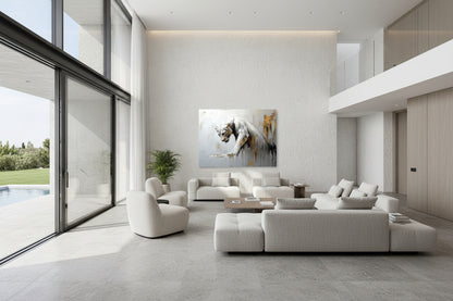 Statement wall art displayed in a modern villa living space with open-plan architecture and high ceilings