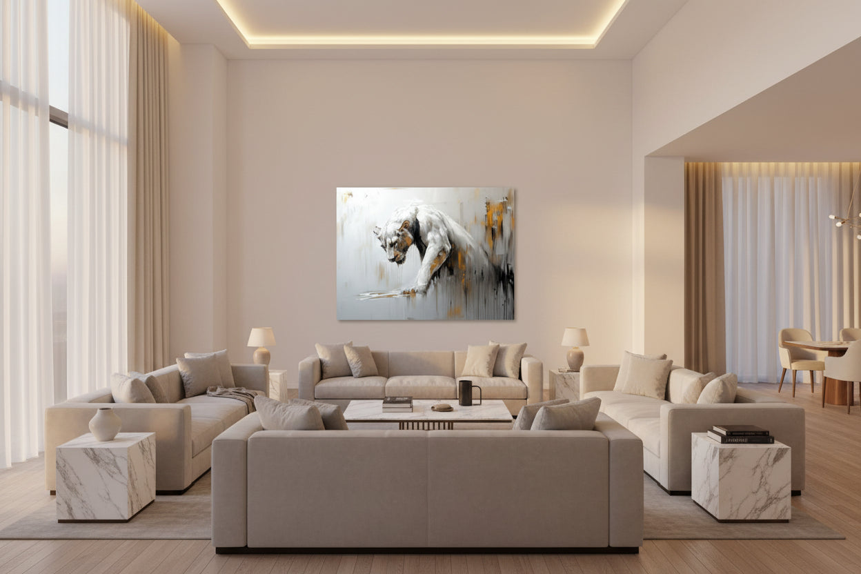 Modern exclusive lounge area with beige sofas and a Large statement artpiece on the wall.