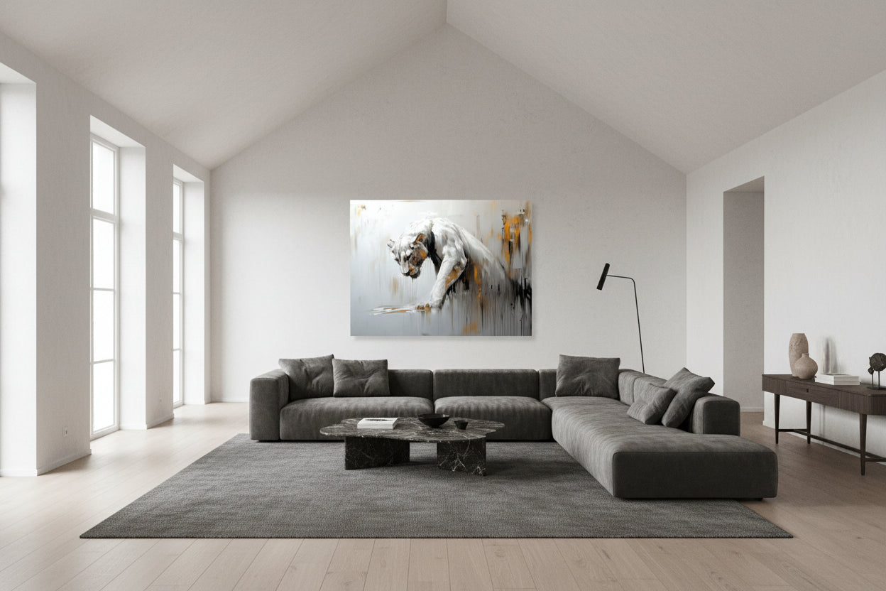 Modern living room with a gray sectional sofa, coffee table, and abstract fine art print on the wall.