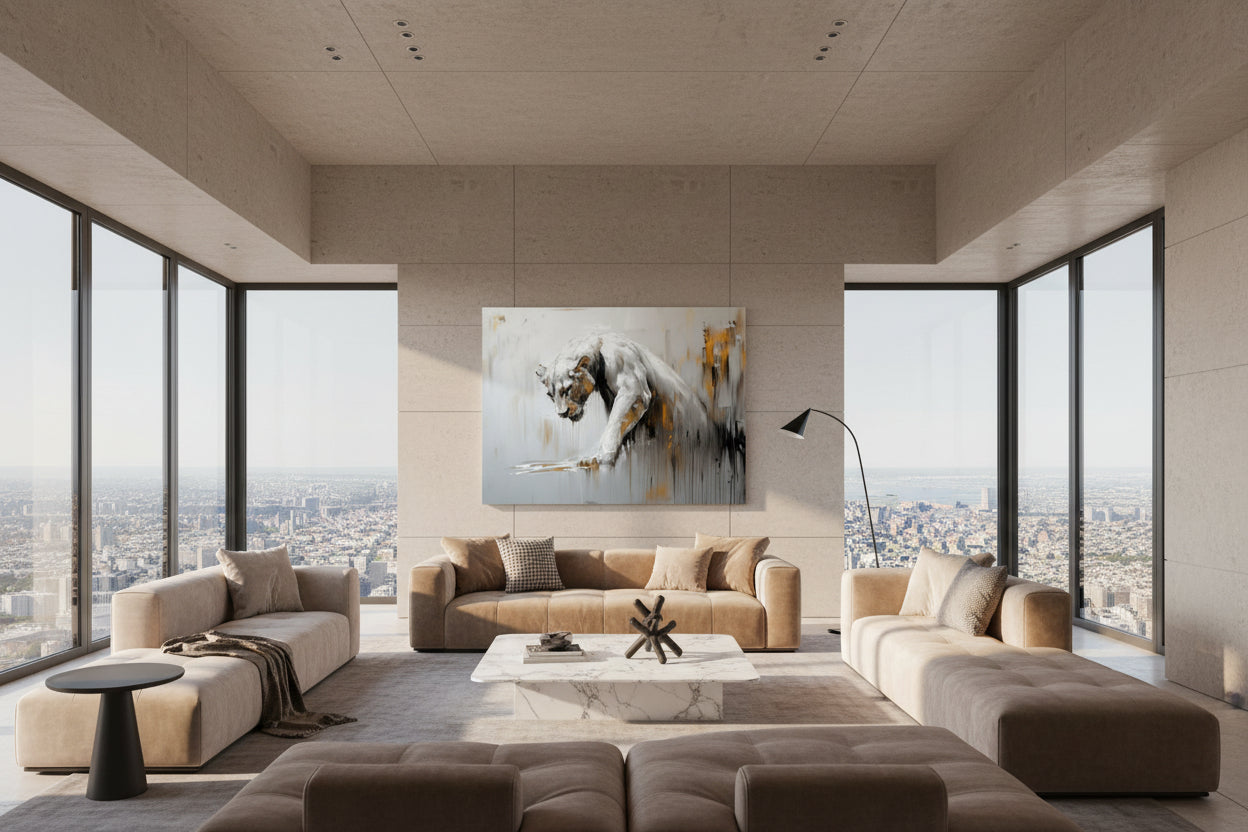 Large statement wall art displayed in a contemporary penthouse living room with floor-to-ceiling windows and modern furniture