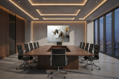 Modern conference room with a large wooden table and chairs, featuring a cityscape view ana large statement fine art painting on the end walll