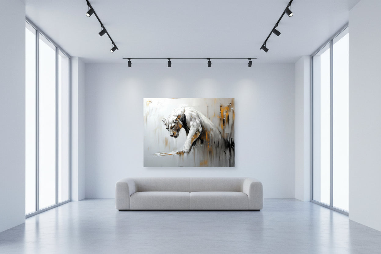 Modern gallery space with a white sofa and abstract fine art print on a white wall.