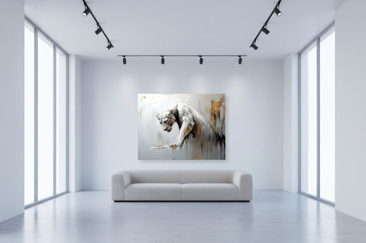 Modern gallery space with a white sofa and abstract fine art print on a white wall.