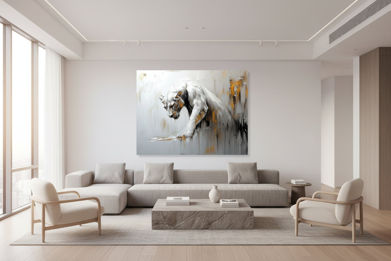 Modern living room with a large abstract painting on the wall above a sofa.